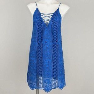 Astr | lace up scalloped hem blue shift dress | S